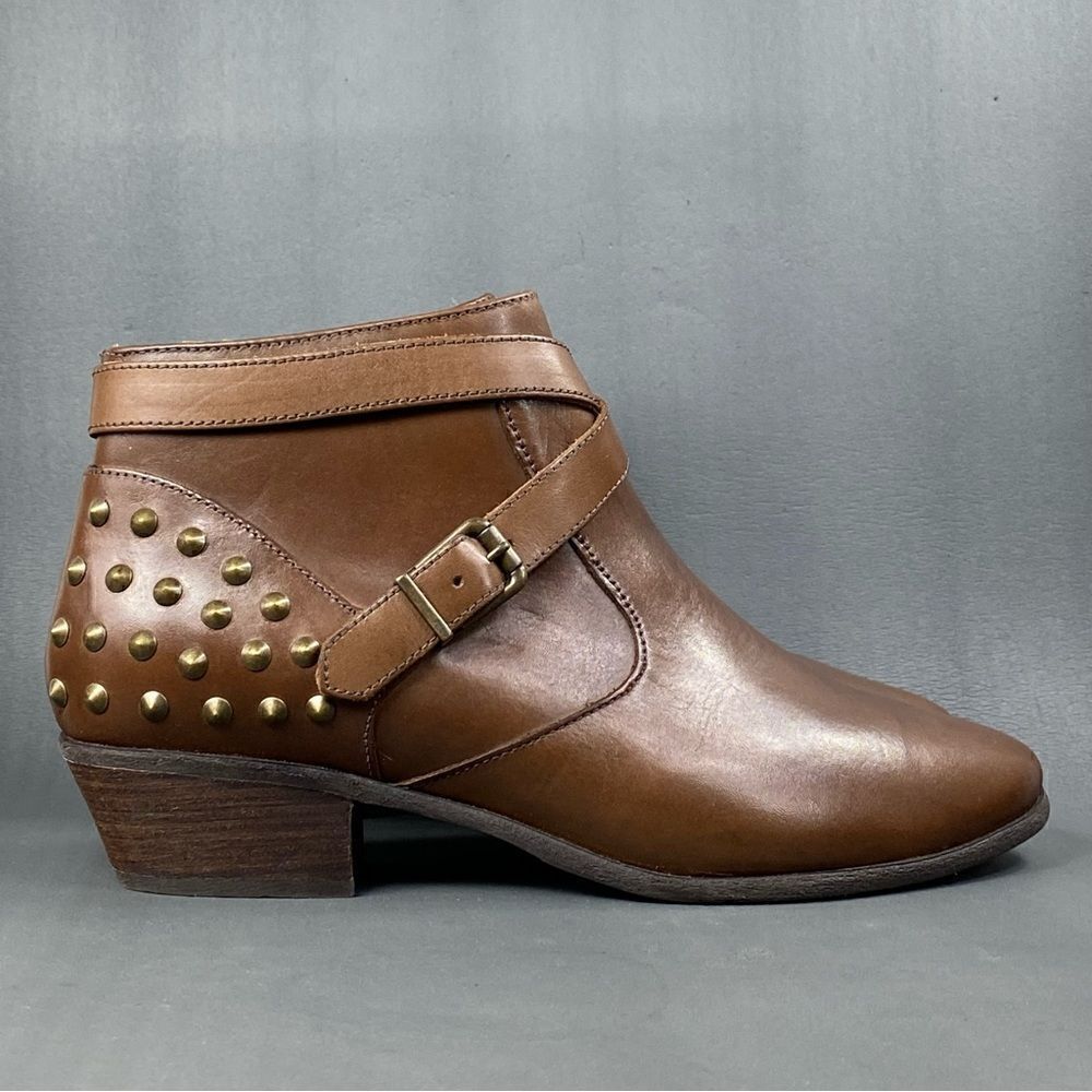 NURTURE Flint BROWN LEATHER Brass Rivets Zip ANKLE Booties womens size 10